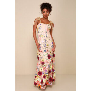Lulus Thriving Poise Blush 3d Floral Embroidered Tie-strap Maxi Dress Pink